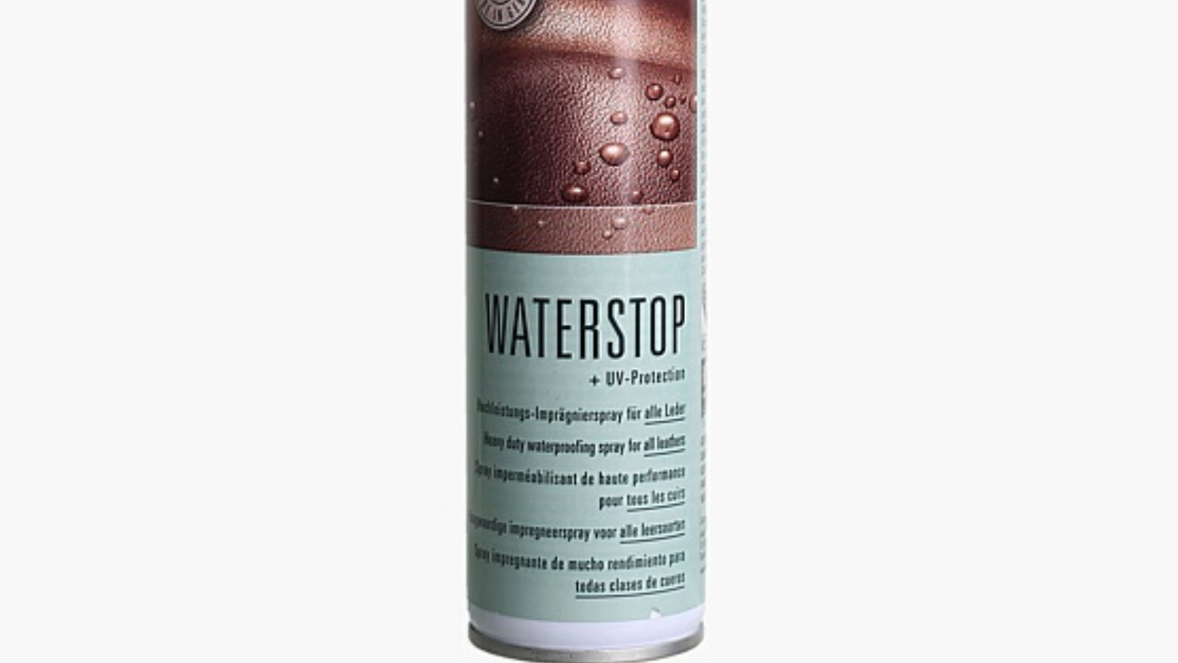 Image of Collonil’s Waterstop Spray in a neutral colour against a grey background. 