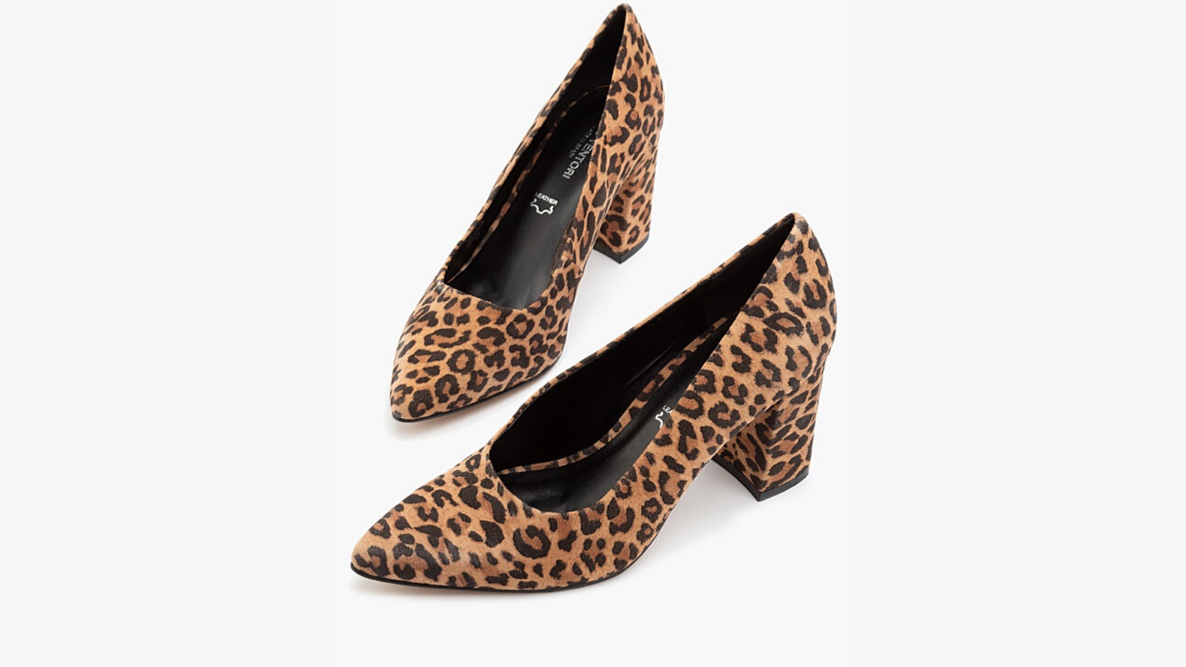 A pair of Gino Ventori leopard print pointed block heels against a neutral background. 