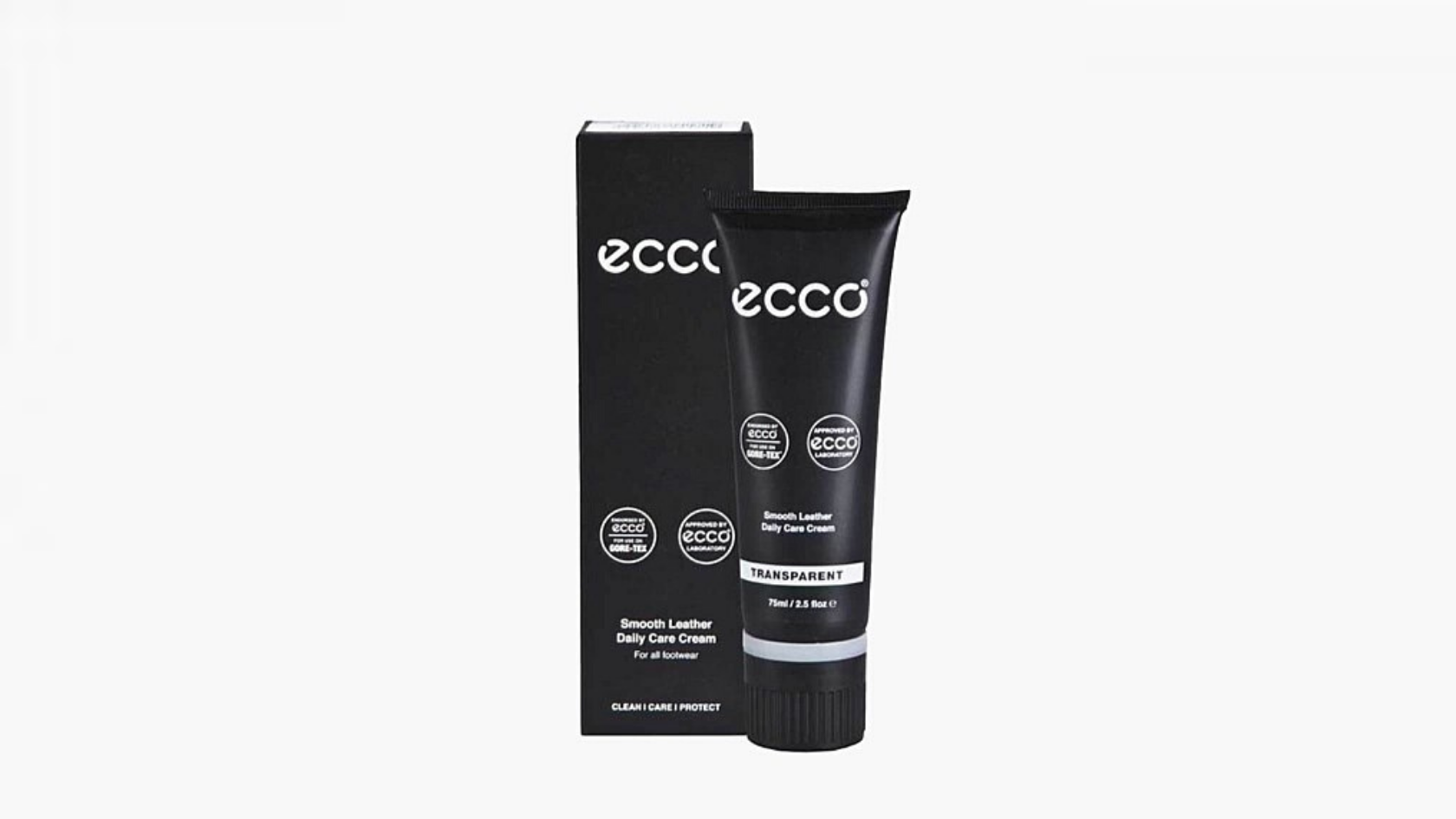 Ecco brand black leather conditioner bottles against a neutral background.