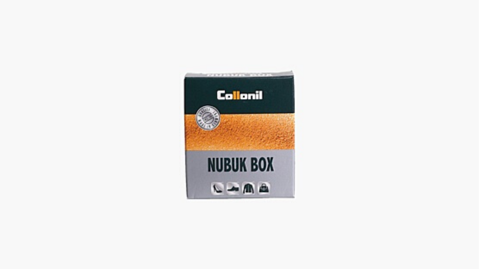 Image of Collonil’s Nubuk Box against a neutral grey background. 