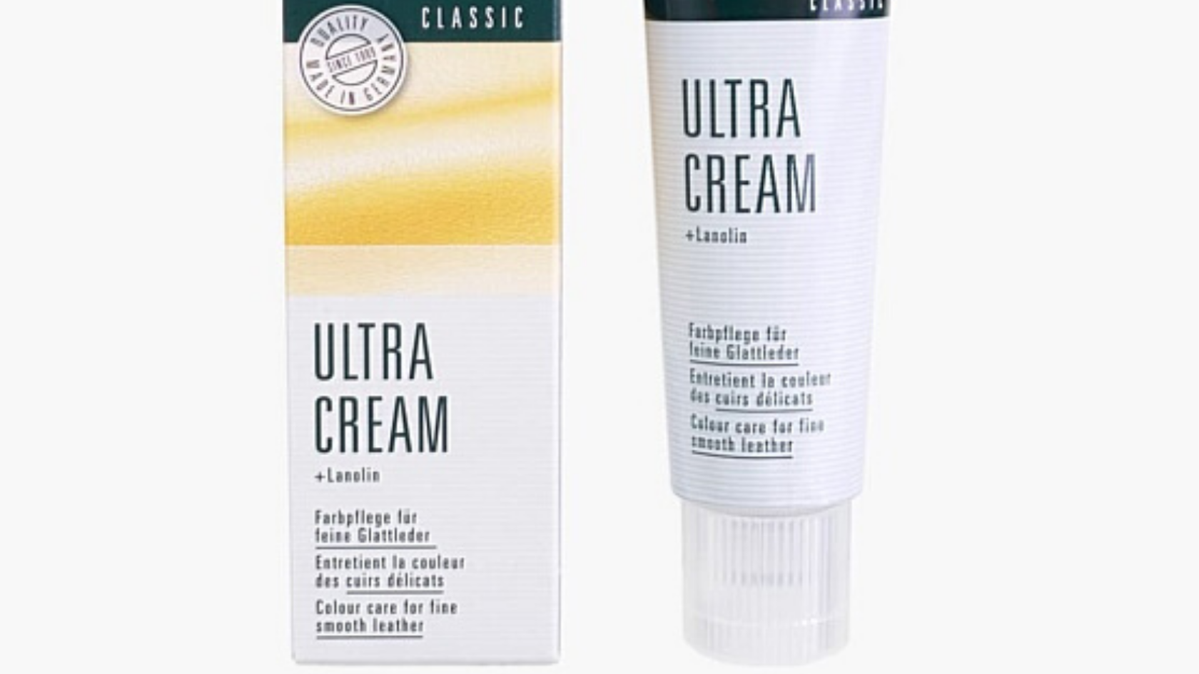 Image of Collonil’s Ultra Cream conditioner box and bottle in colour beige against a neutral grey background. 