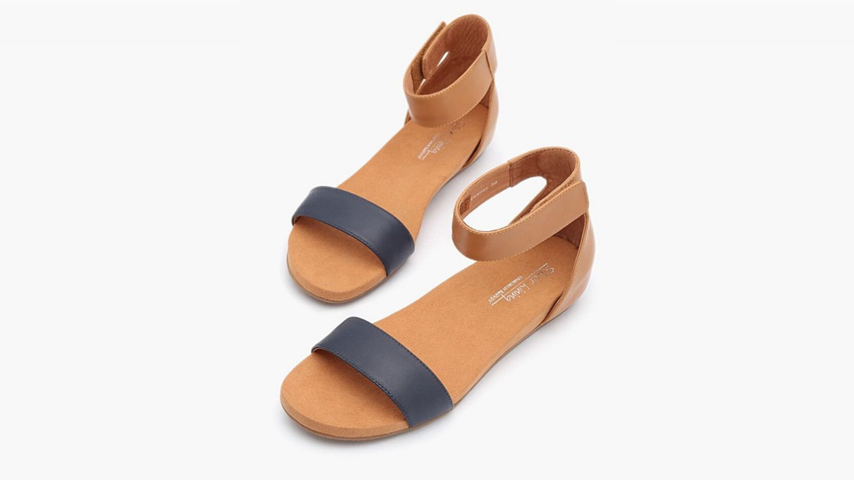 Arch support sandal with blue and tan straps.